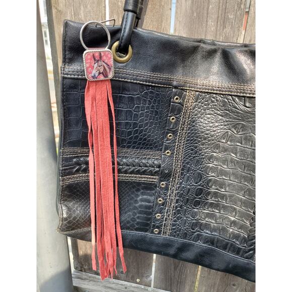 Handmade mule lover boho Leather Fringe Western bag charm, Long fringe keychain - Picture 5 of 5